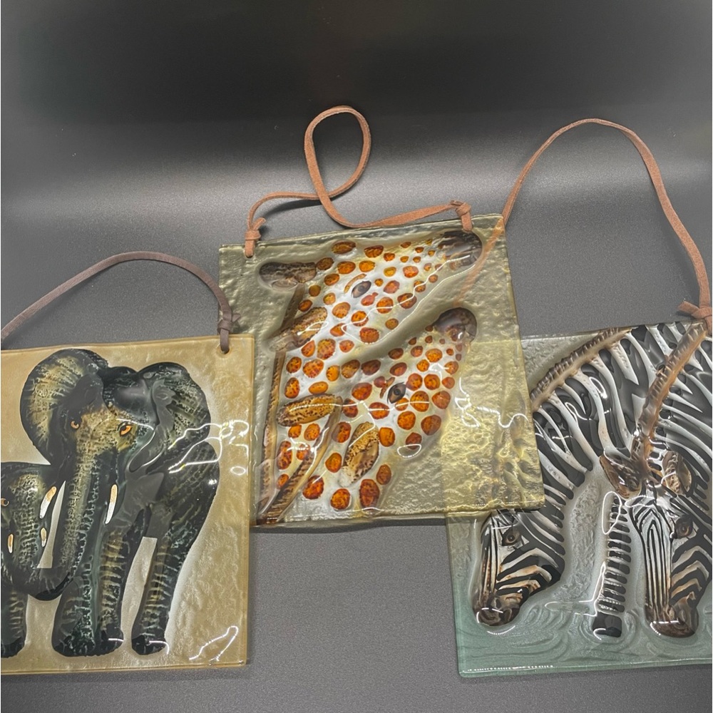 SAFARI African Zebras Elephants Giraffes Glass Wall Art Hangings Reverse painted